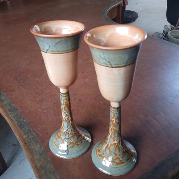 Gorgeous pair of Tall, Slender Hand Thrown and Glazed Stoneware Goblets - Picture 9 of 13